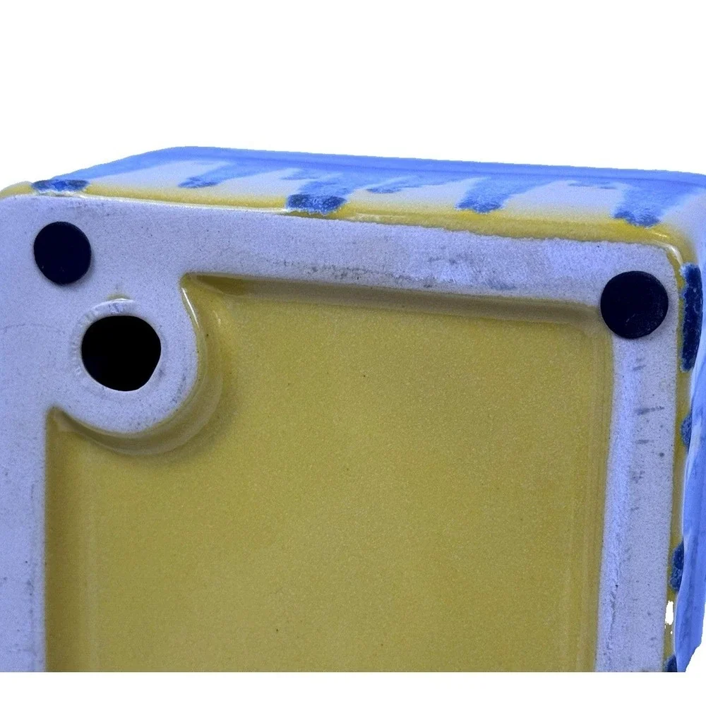 Ceramic Vanity Organizer Sink Caddy Lidded Jars Blue Drip Glaze on Yellow